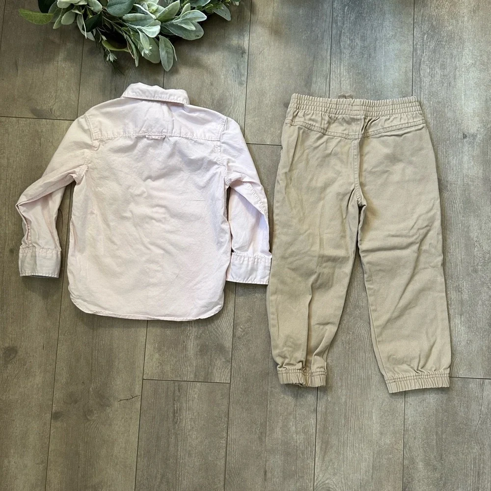 Toddler Boy Soft Pink Blue Button Up Shirt & Khaki Cargo Joggers Outfit Set